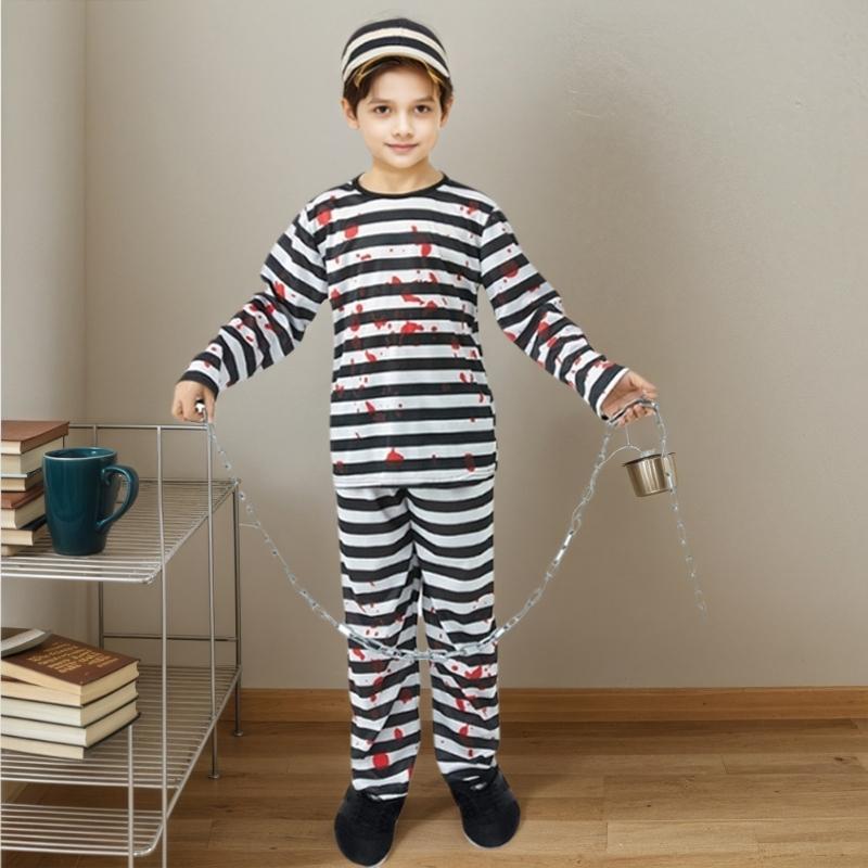 Kids Halloween Prisoner Costume Set With Faux Plastic Chain And Striped Hat For Cosplay Role Play Party