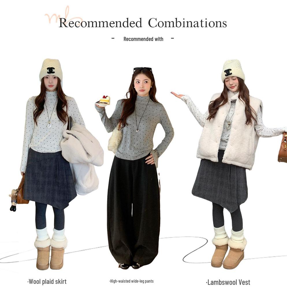 Women's Polka Dot Fleece-Lined Long-Sleeve Base Layer Shirt - Korean Style Winter Top