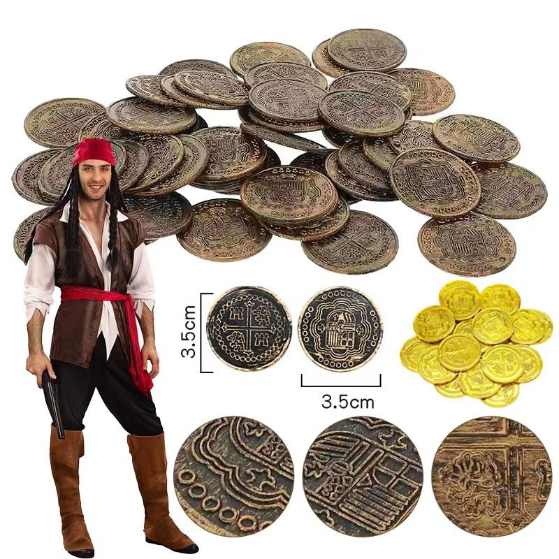20/100pcs Plastic Skull Pirate Gold Coins Fake Treasure Game Coins for Halloween Birthday Party Decorations Kids Favors Supplies