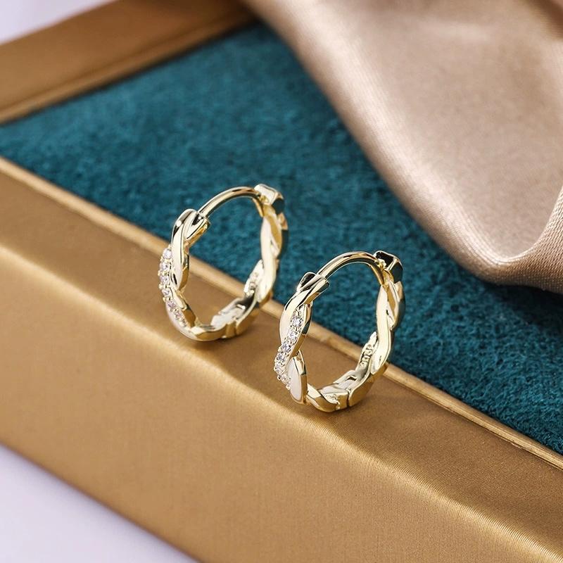 White Zircon Small Round Stone Twisted Infinity Hoop Earrings For Women Vintage Gold Color Ear Buckle Wedding Jewelry Valentines