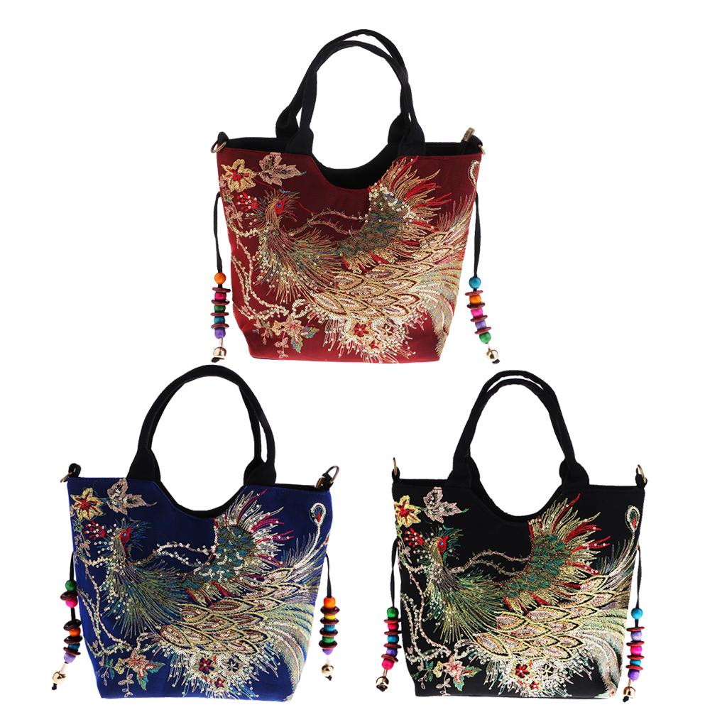 Handmade Retro Peacock Embroidery Bag with Zipper Woman Handbag Shoulder Bag