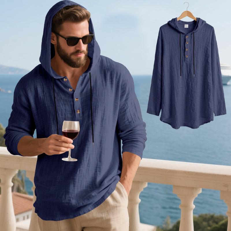 Mens Loose Casual Hooded Long Sleeve Breathable Solid Linen T Shirt
