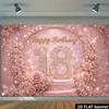2D flache Farbe Blumenfeld 18. Geburtstag Hintergrundstoff mit glitzernden Diamanten und Zahlen 18 und Rosentorten-Elementen