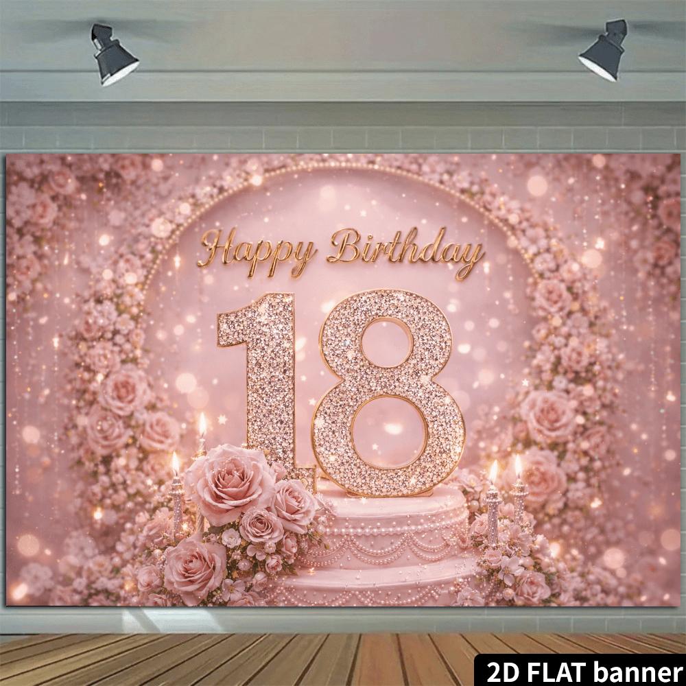 2D flache Farbe Blumenfeld 18. Geburtstag Hintergrundstoff mit glitzernden Diamanten und Zahlen 18 und Rosentorten-Elementen