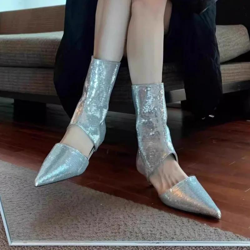 Ladies Shoes on Sale 2024 Fashion Sleeve Women's Boots Summer Autumn Pointed Toe Solid Sexy Dress Stilettos or Thin Heels Boots