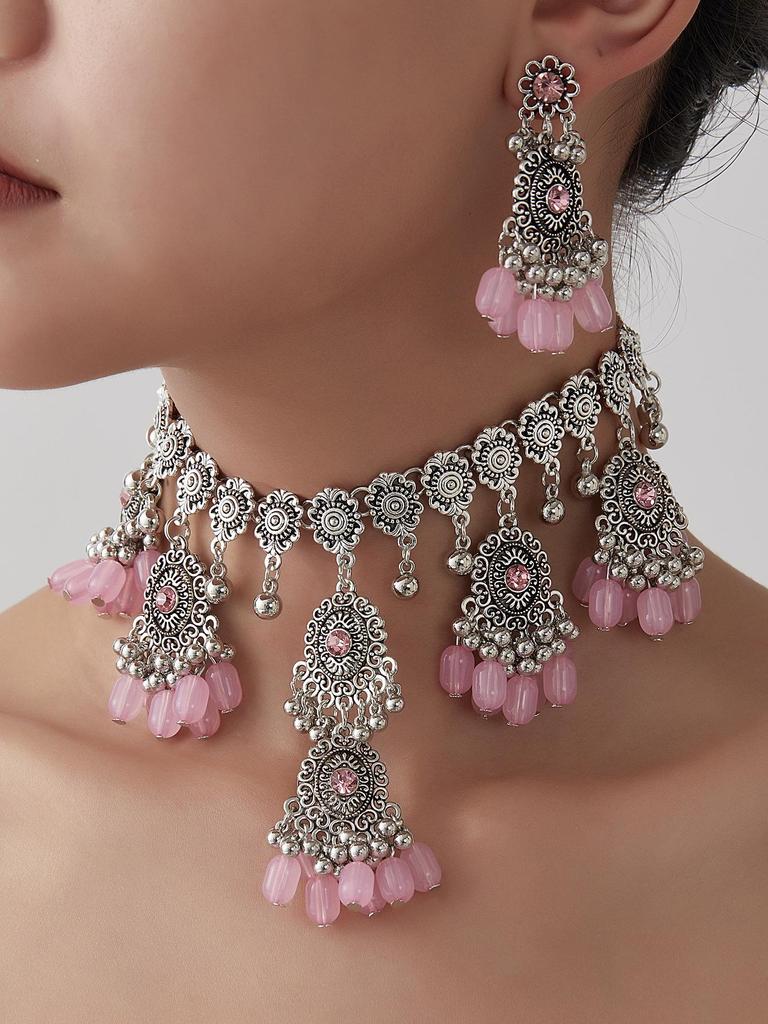 Exaggerated Indian-Style Rhinestone Tassel Necklace & Retro Ethnic Earrings Set