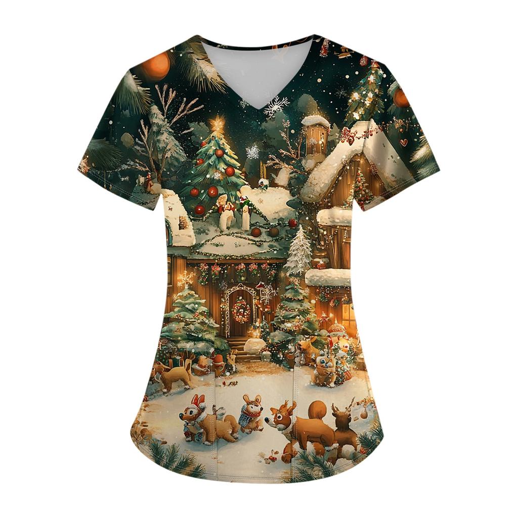 Ladies Short Sleeve Cross V Neck  Print Pocket Top