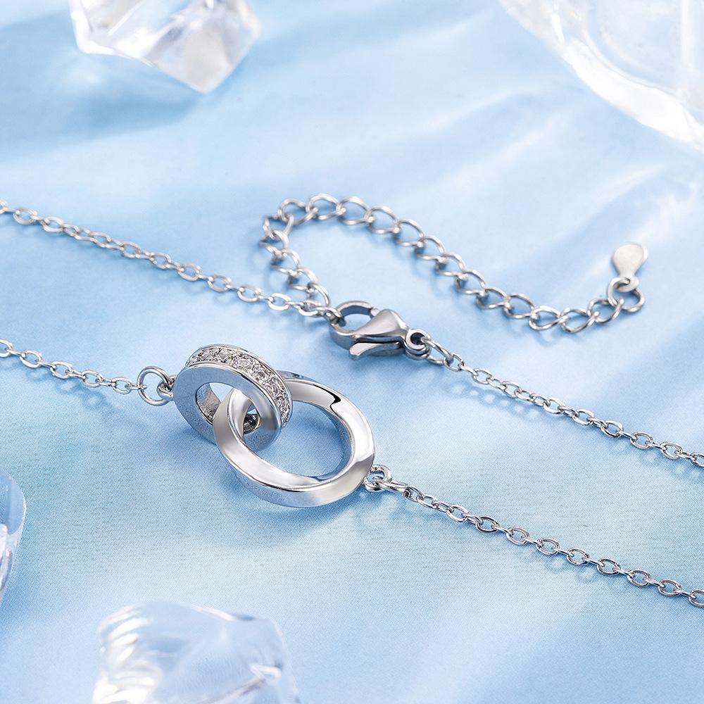 Sterling Silver Necklace with Double Ring and Diamond Pendant Ladies Fashion Simple Birthday Party Anniversary Jewelry Gift