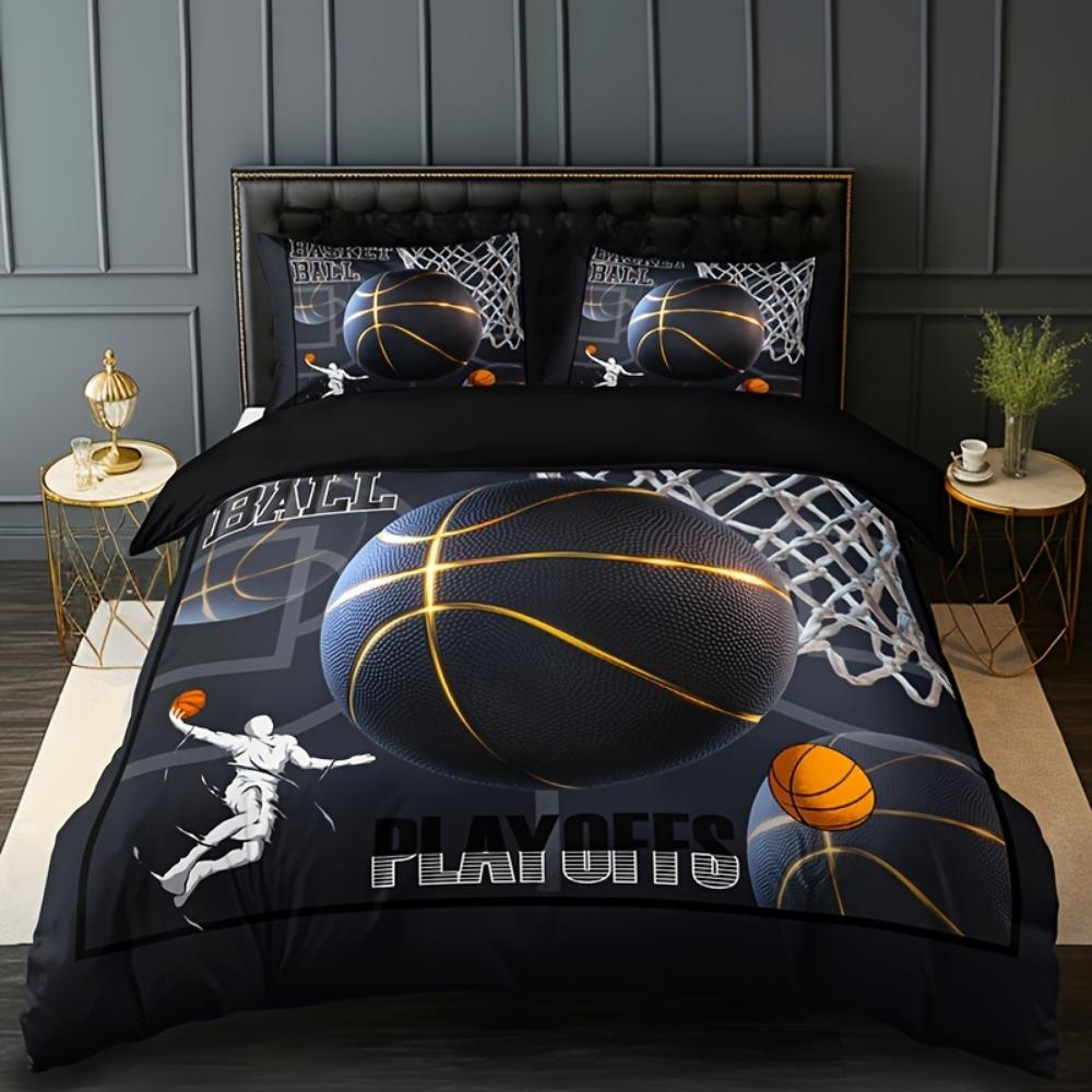3pcs Black Bedding Set Basketball Dunk 3D Print Cozy Duvet Cover Set King Queen Twin Single Size Birthday Gift Boy Bedroom Decor