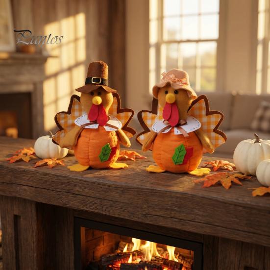 Stuffed Fabric Turkey Thanksgiving Plush Doll, Animal Figurine, Autumn Fall Fireplace Accents Harvest Tabletop Decoration for Home Desktop Tired Tray