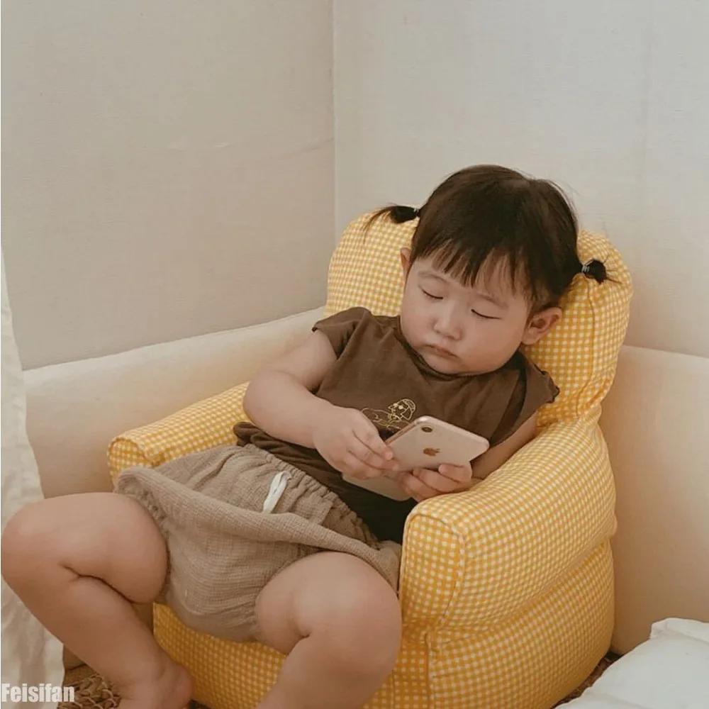INS Children's Bean Bag Sofa Plaid Canvas Mini Chair Seat Kindergarten Early Education Institution Baby Single Furniture