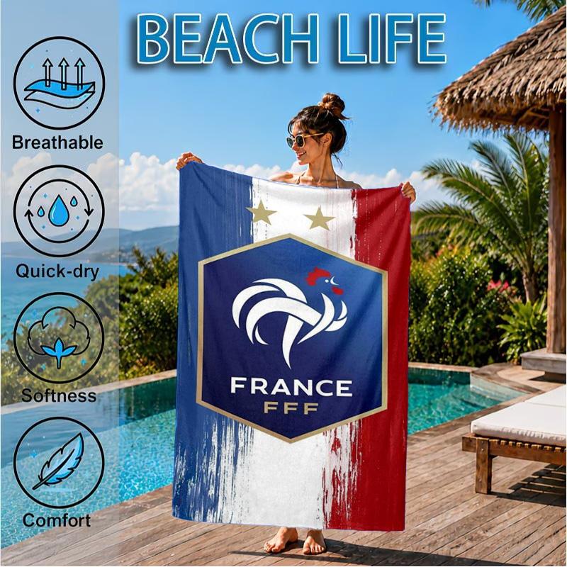 France Soccer Club Emblem Printed Microfiber Beach Towel, Soft And Absorbent, Quick-Dry, Ideal for Summer Travel, Beach Essential, Swimming Pool