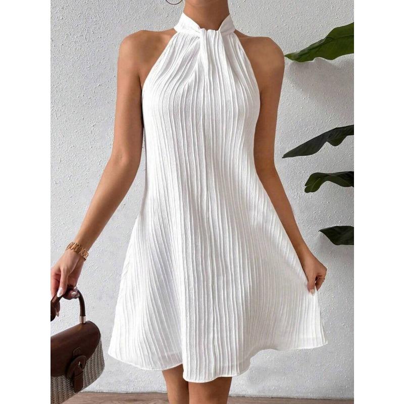Summer Sleeve White Loose Dress Fashion Women's Hanging Neck Pleated Dress Party Casual Elegant Sweet A-line Short Dress Holiday Clothing