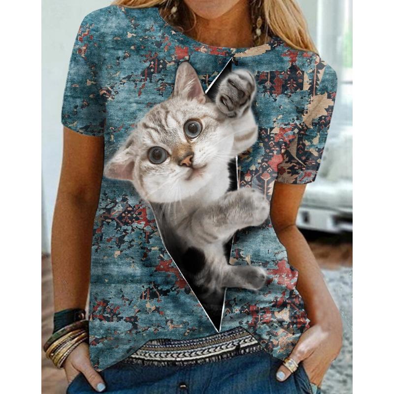 Women's Summer Loose 3D Printed Floral Round Neck Pullover Short Sleeved Top T-shirt