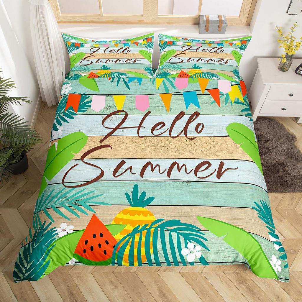 Hello Summer Comforter Cover Yellow Sunflower Bed Set,Farmhouse Duvet Cover Brown Stripe Old Wood Door Green Leaves Bedding Sets