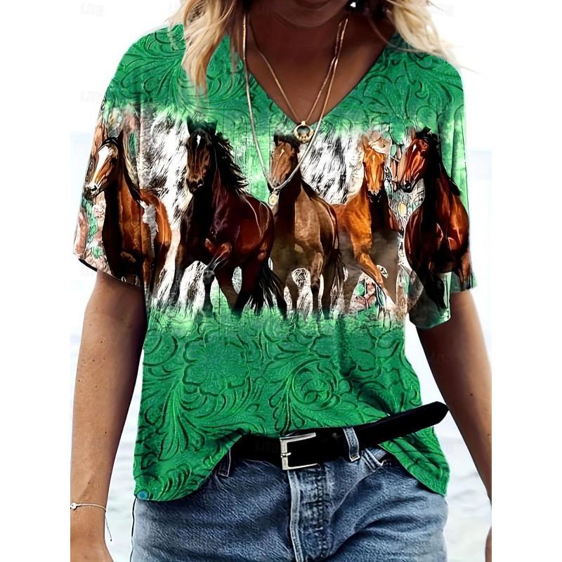 Womens V-Neck Loose Fit Short Sleeve T-Shirt With Colorful Geometric Starry Print Casual Top