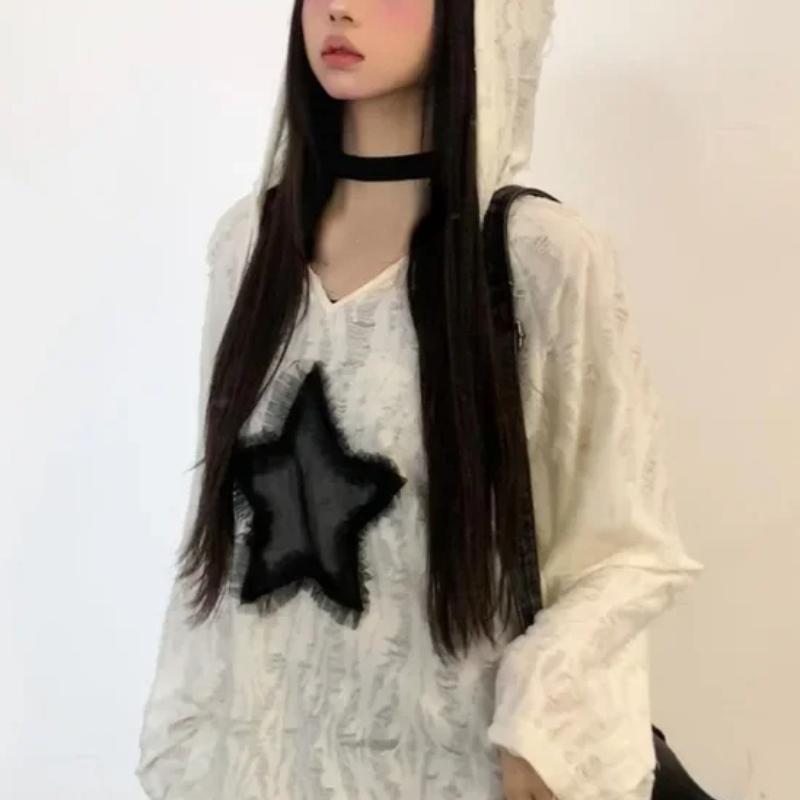 Grunge Hole T-shirt Women Fashion Star Print Y2k Aesthetic Loose Tees Kpop Fairycore Ripped Tshirt Harajuku Gothic Streetwear