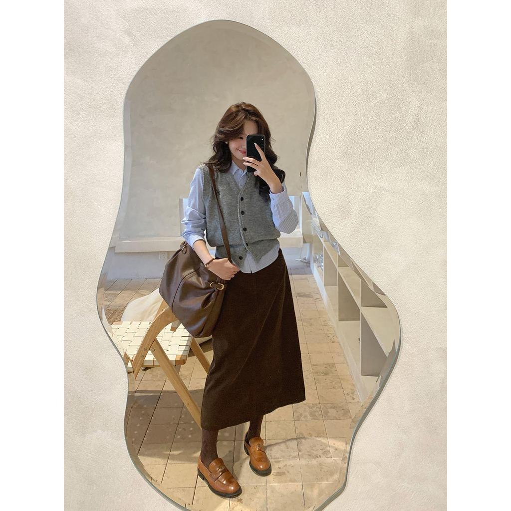 Korean Style Coffee Corduroy Long Skirt - Elegant, Slimming, Body-Shaping A-Line for Autumn & Winter