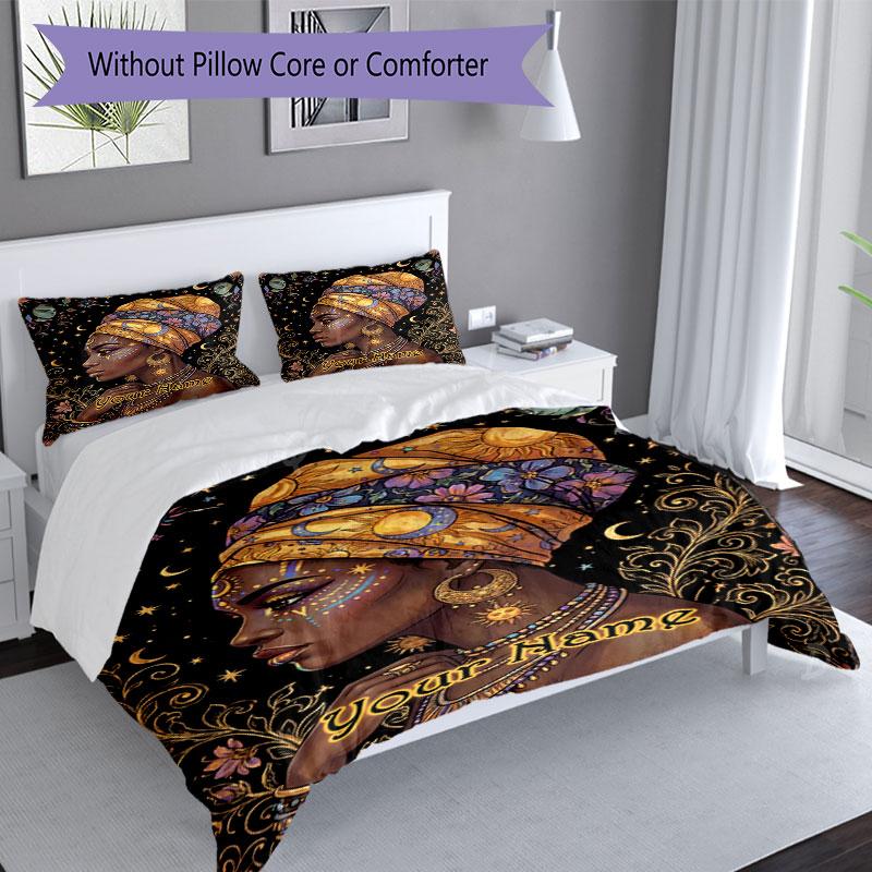 3pcs Custom Name Ethereal African Goddess Bedding Set Printed Bedding Set Duvet Cover Closure Includes 1 Duvet Cover & 2 Pillowcases Bedroom Decor
