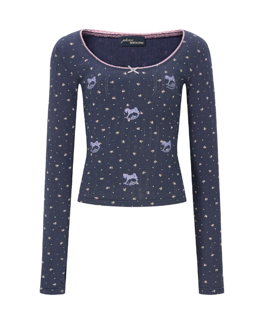 Peullijeunopallou Pony Flower Lace Long Sleeve Top (Navy)
