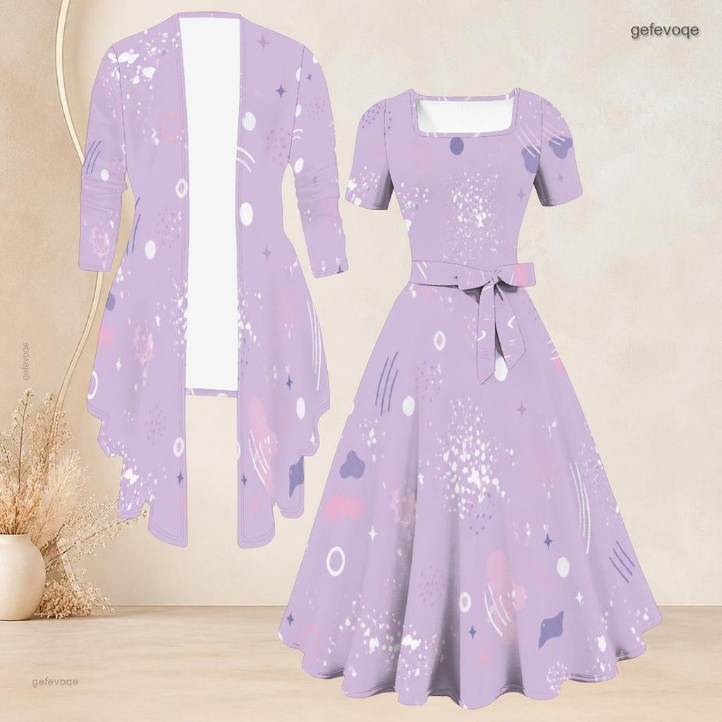 Women Plus Size Black Blue Printed Two Piece Set Square Neck Short Sleeve Tie Waist Flared Dress Long Sleeve Cardigan