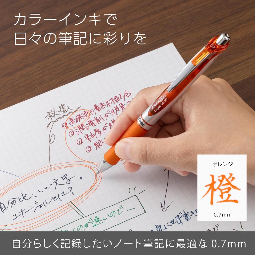 Pentel Energel Gel Ink Ballpoint Knock Silver 10 Pens Pen, Type, 0.7mm, Barrel, BL77-F, Orange,