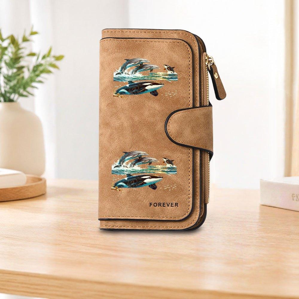 Dolphin and Orca Print Long Zipper Wallet Large Capacity Card Holder Unisex Clutch Bag Stylish Zippered Coin Purse Suitable for Daily Travel Work