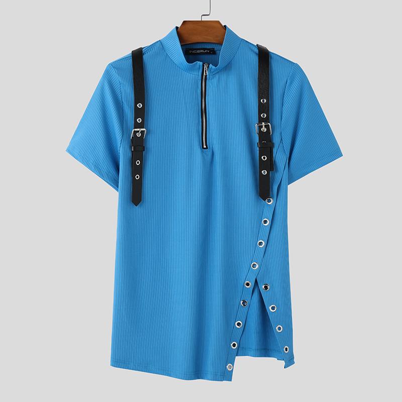 

INCERUN Летние мужские повседневные нестандартные тонкие футболки с коротким рукавом на молнии 3XL синий