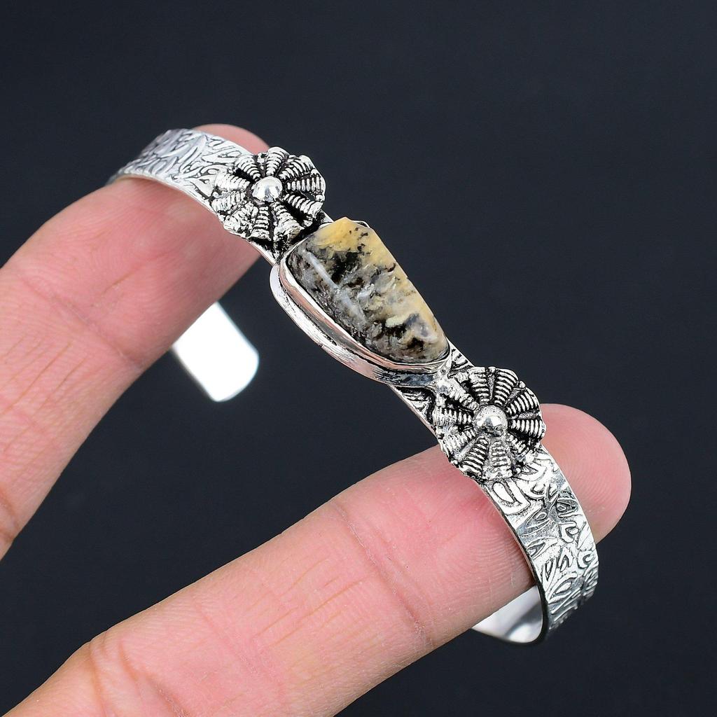 Natural Dendrite Tiger Gemstone 925 Sterling Silver Bangle Adjustable For Women