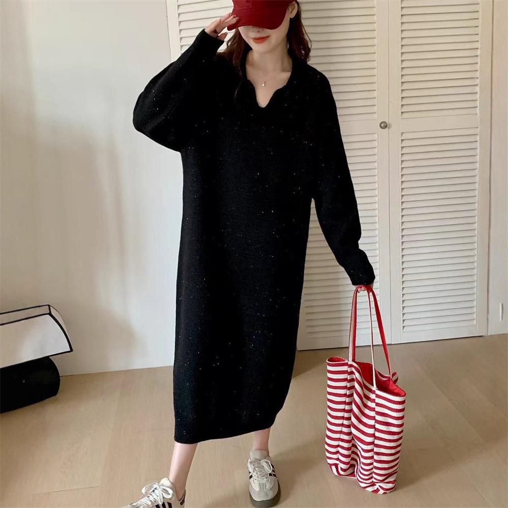 Long Knitted Dress for Women's Autumn and Winter New Loose and Lazy Polo Collar with Coat Backing Sweater Dress for Women