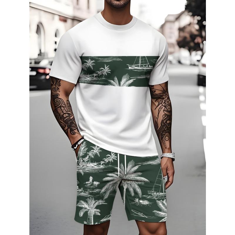 2026 Summer Fashion T-Shirt and Shorts Set Stylish Streetwear Look for Men–3D Short-Sleeve Oversized Top with Palm Tree Print