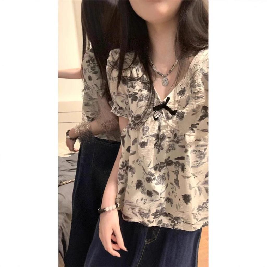 Damen Französische Retro Blumen Puffärmel Babydoll Bluse