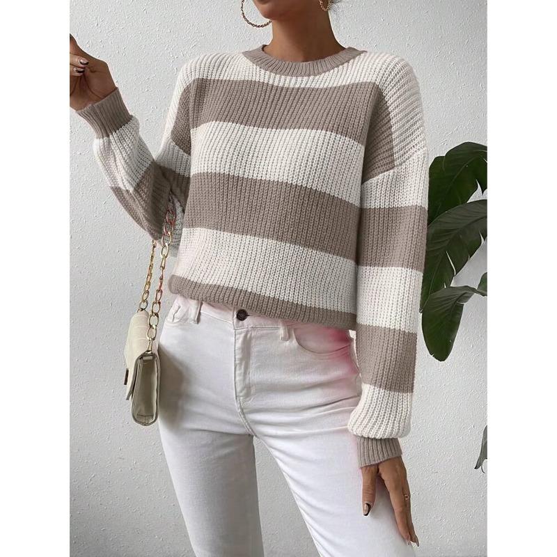 Women's Contrasting Striped Round Neck Pullover Knitted Sweater