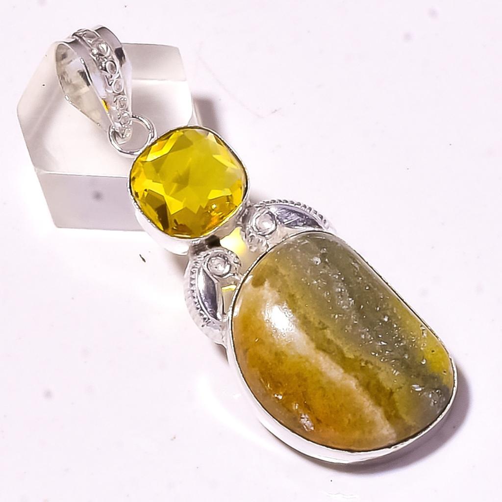 Bumble Bee Jasper Lemon Topaz Gemstone Pendant Handmade Jewelry 2.8" M9A25
