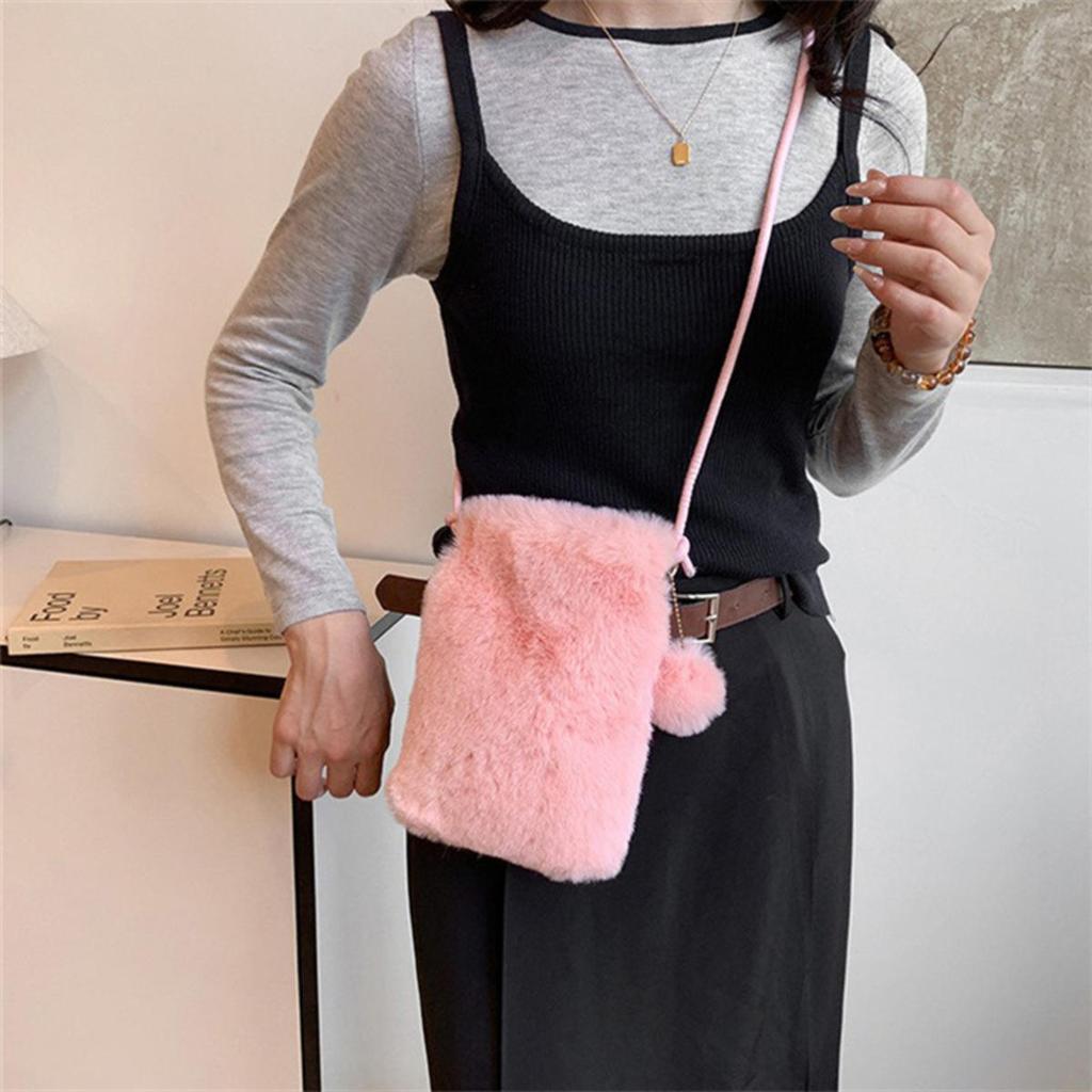 Women Plush Crossbody Bag Solid Color Mobile Phone Bags Versatile Mini Wallets Fashion Shoulder Bags Autumn Winter Coin Purse