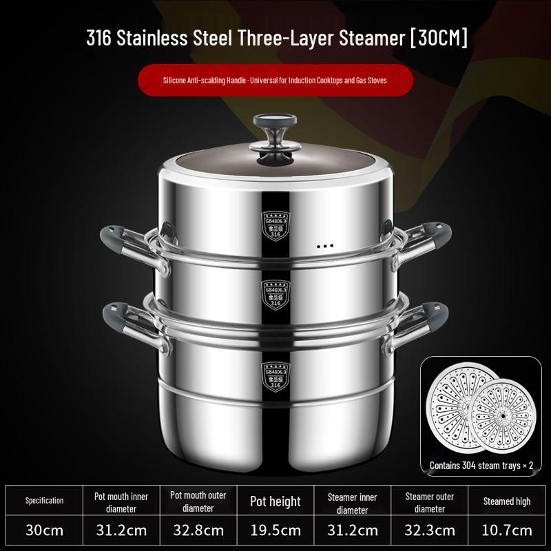Visible Lid 316L Stainless Steel Steamer Pot with Extra Thick Anti-scalding Design and Double Three-Layer Steaming Basket