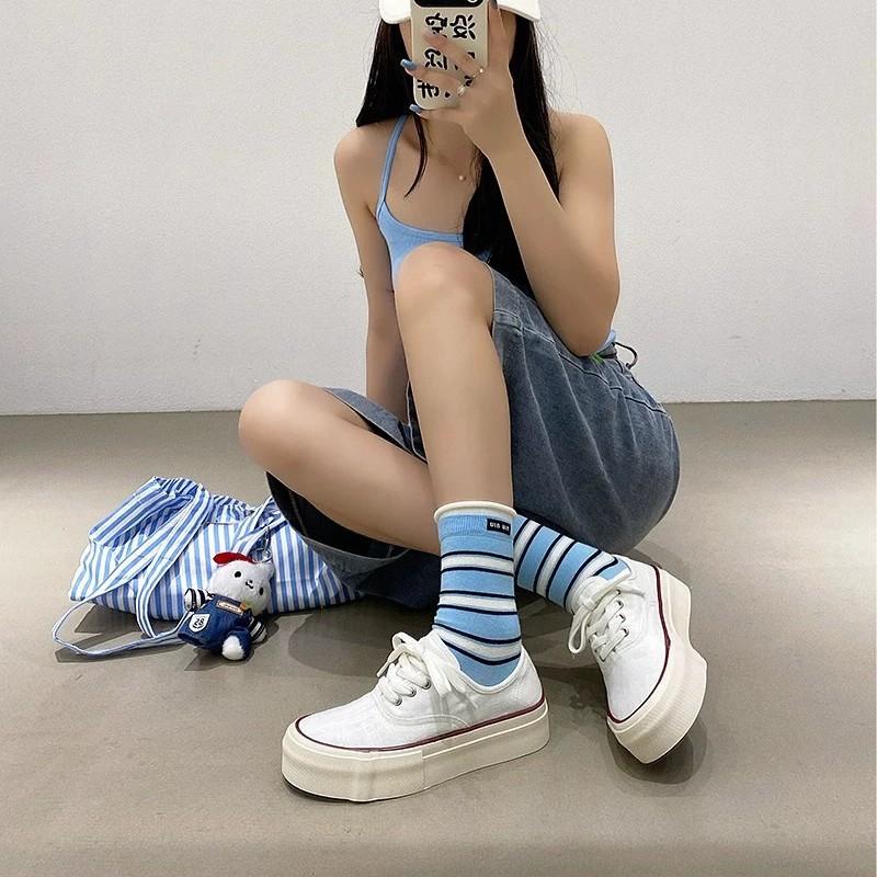 New breathable hemp contrasting color lace-up round head cowhide version versatile casual sports shoes thick baseplate shoes women