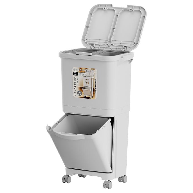 Double-Layer Press-Type Kitchen Trash Can, Thickened, Large-Capacity, Dry/Wet Separation, No Bending Needed, with Lid