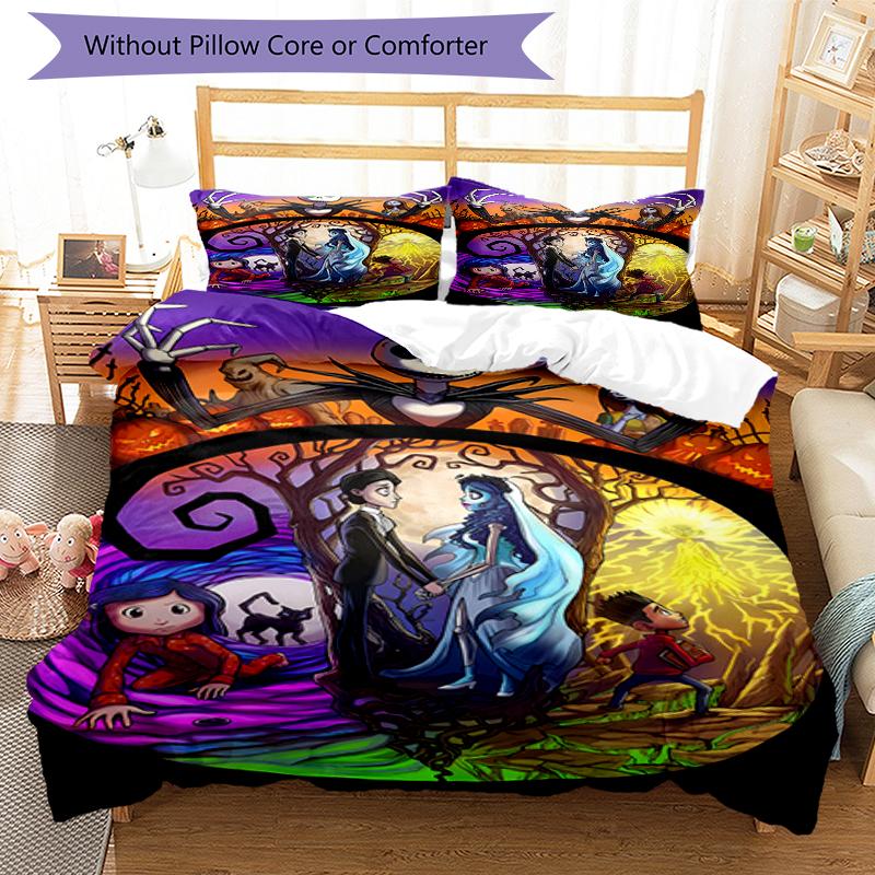 3pcs Coraline (2) Design Cover Set - HD Printed Bedding with 1 Cover and 2 Pillowcases - Perfect for Home and Dorm Decor
