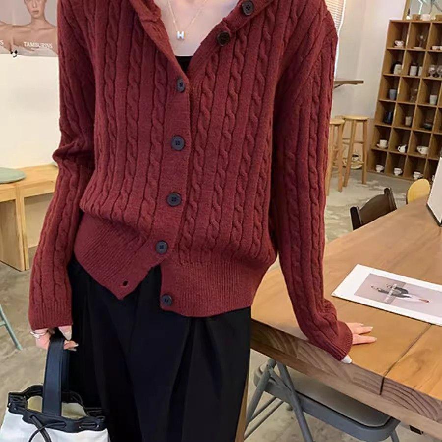 Korean Hooded Cable Knit Cardigan for Women - 2025 Autumn Collection, Button Sweater Coat, Versatile and Stylish.
