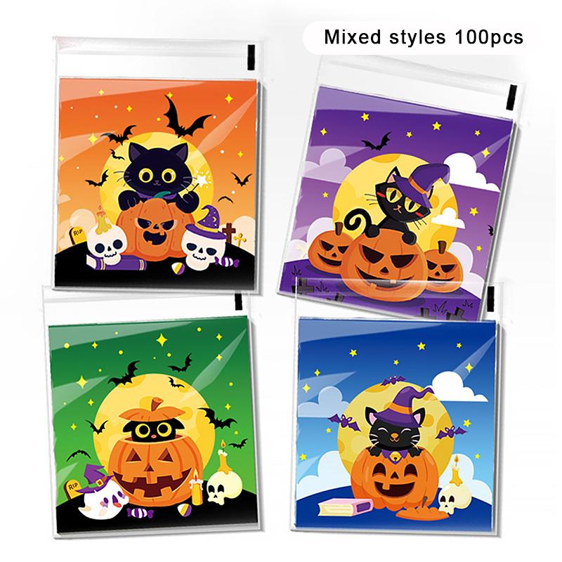 100Pcs Pumpkin Halloween Candy Bag Happy Halloween Party Decorations Kid Gift Trick Or Treat Candy Cookie Spider Ghost Bag