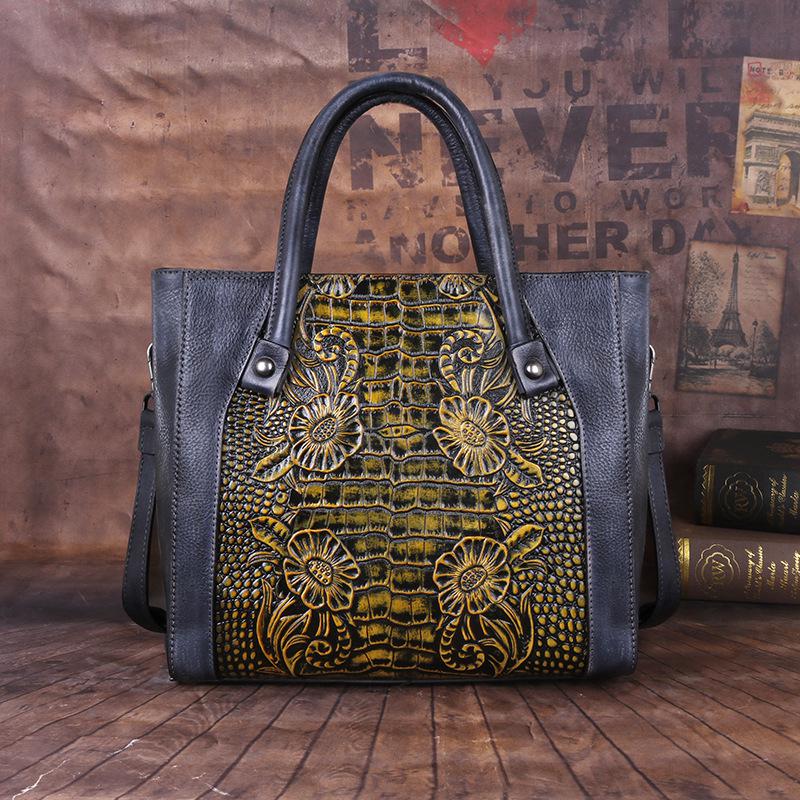 Johnature Retro Genuine Leather Handmade Women Bag First Layer Cowhide Large Capacity Handbag Embossed Shoulder Bags