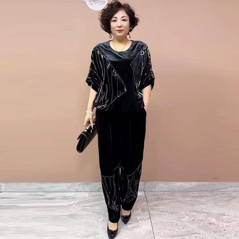2pcs Pants Suit Women's Embroidery Flocking Plus-size Velvet Blouse High-waist Velvet Harem Pants Two-piece Set Sprint Autumn Outfits