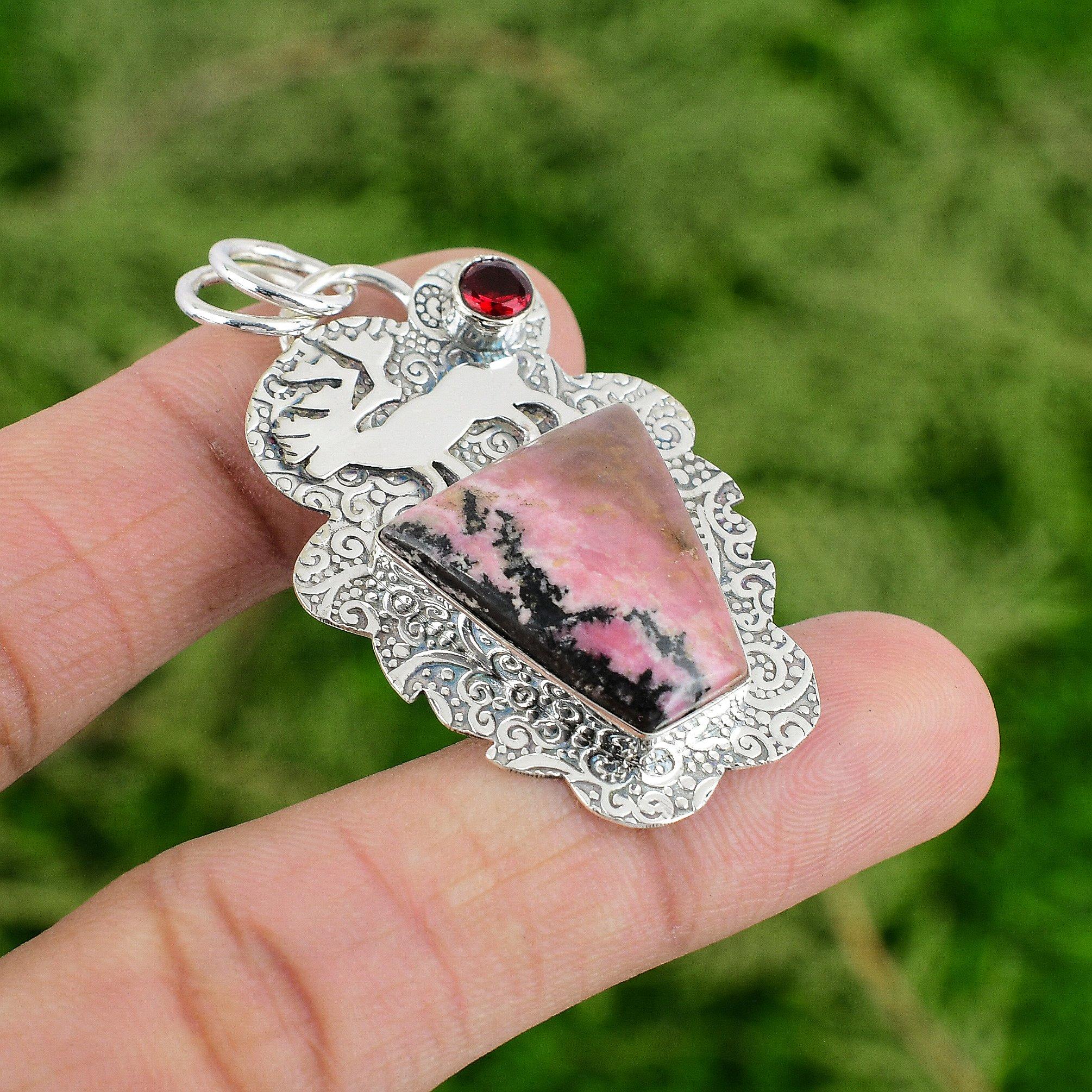 

925 Sterling Silver Natural Rhodonite Mozambique Garnet Wife New Pendant Jewelry