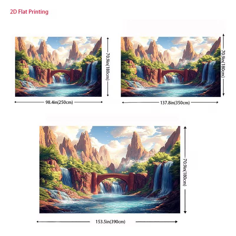 2D Mountain Waterfall Bridge Backdrop, Nature Landscape Photography Background
