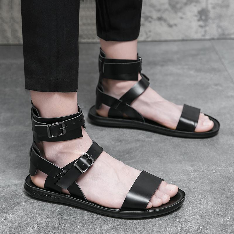 Summer New Men Gladiators Black White Punk Rock Patent Leather Casual Shoes Breathable Beach Sandals Outdoor Slippers Plus Size