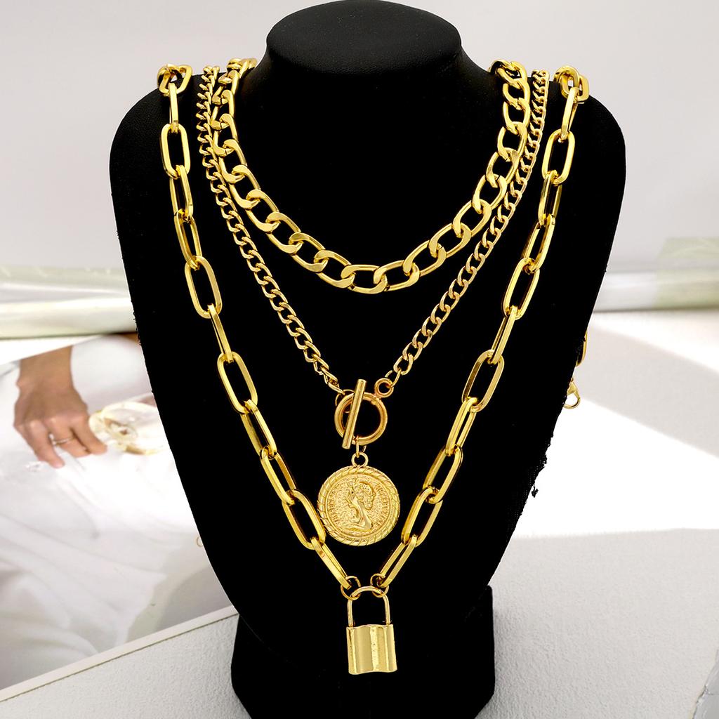 Women Three Layer Necklace Set, Embossed Round Coin Pendant OT Clasp Necklace, Luxury European Style Stackable Neck Jewelry