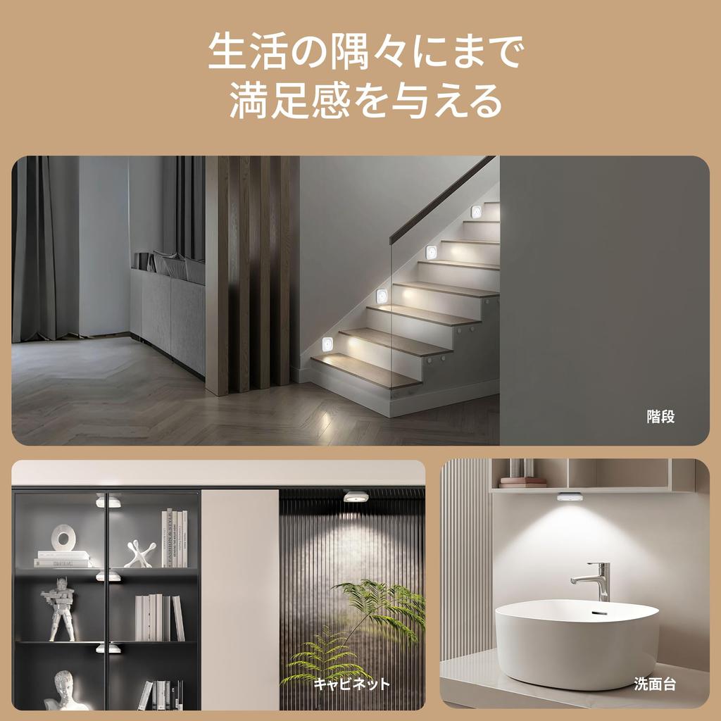 LROLTEF Square Kitchen Light, Cabinet-Mounted, Compact LED Light, Stick-On, No Installation Required, 3 Modes, High-Capacity Sensor, Type-C Charging,