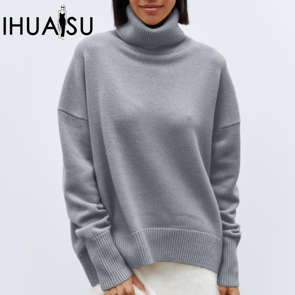 IHUASU Women's Fashion Casual Solid Colour Autumn and Winter Long Sleeve High Neck Loose Sweater