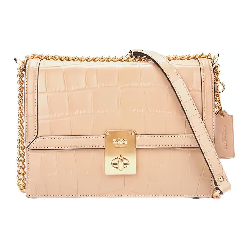 

COACH Hutton 22 Gold Logo Turnlock Crocodile Pattern Flap Chain Cow Leather Shoulder Bag Small Women s Taupe золотий